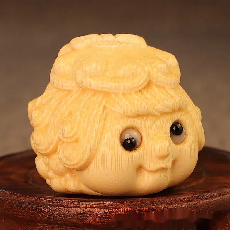 Solid bamboo carving of Golden Toad Princess figurine, cute style ornament for Children's Day