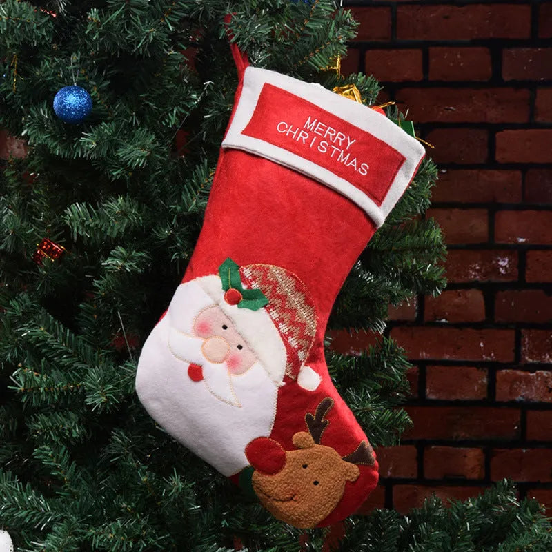 Non-woven fabric Christmas stocking decoration in American folk style with elk, old man or snowman design.