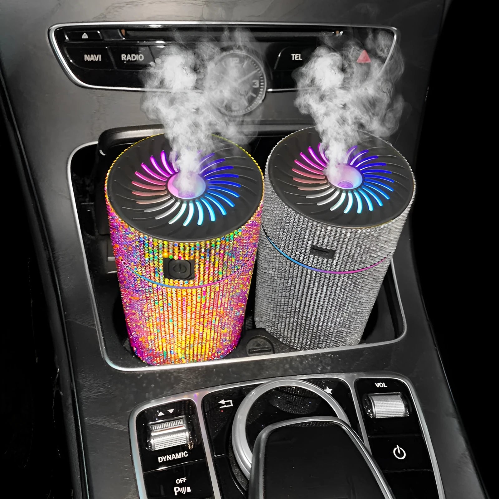 Car mounted USB humidifier with diamond crystal water tank in various colour options