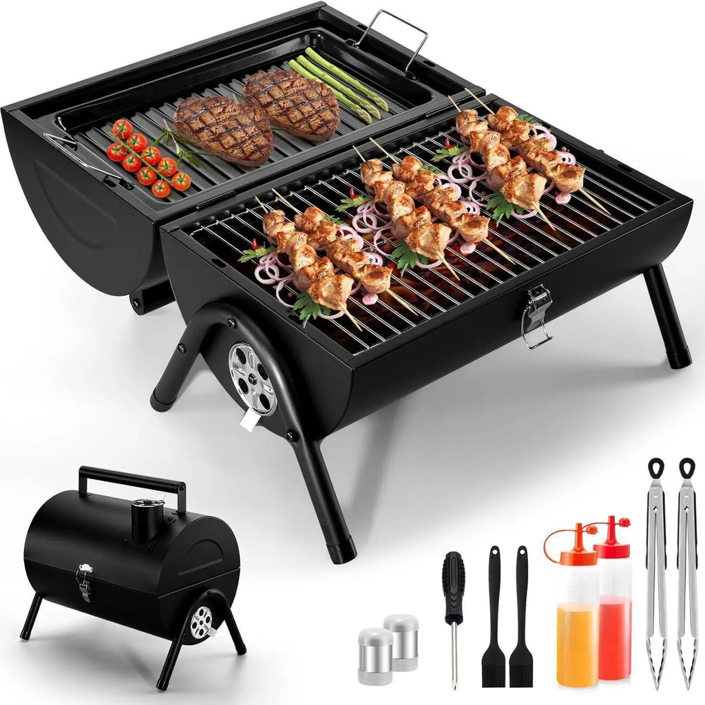 Small portable folding desktop charcoal barbecue grill with a metal cooking surface.