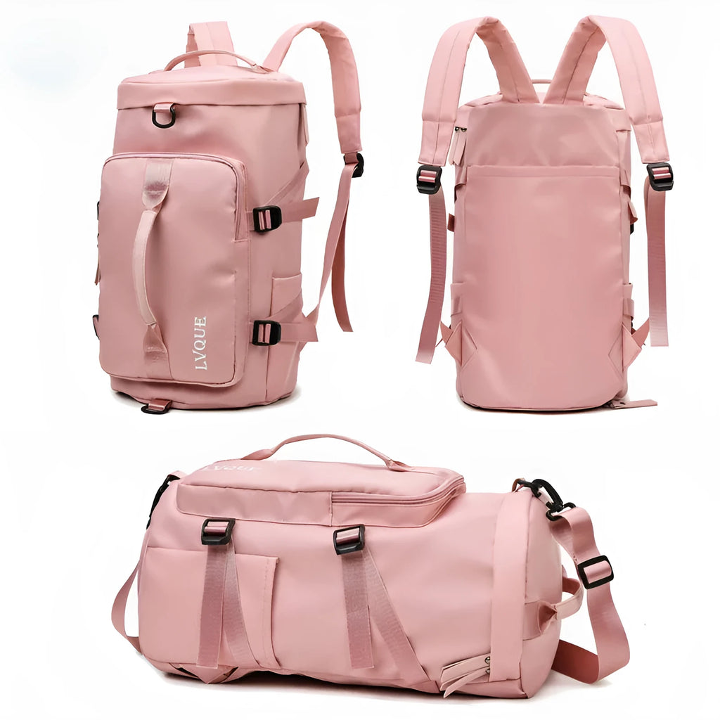 Waterproof nylon gym bag with combination lock showing front pocket and shoulder strap