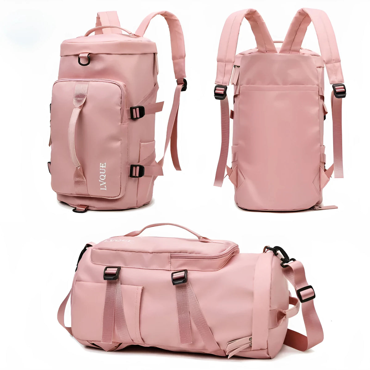 Waterproof nylon gym bag with combination lock showing front pocket and shoulder strap