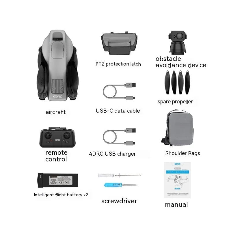 White folding quadcopter drone with 4K camera, obstacle avoidance sensors, and included accessories in shoulder bag