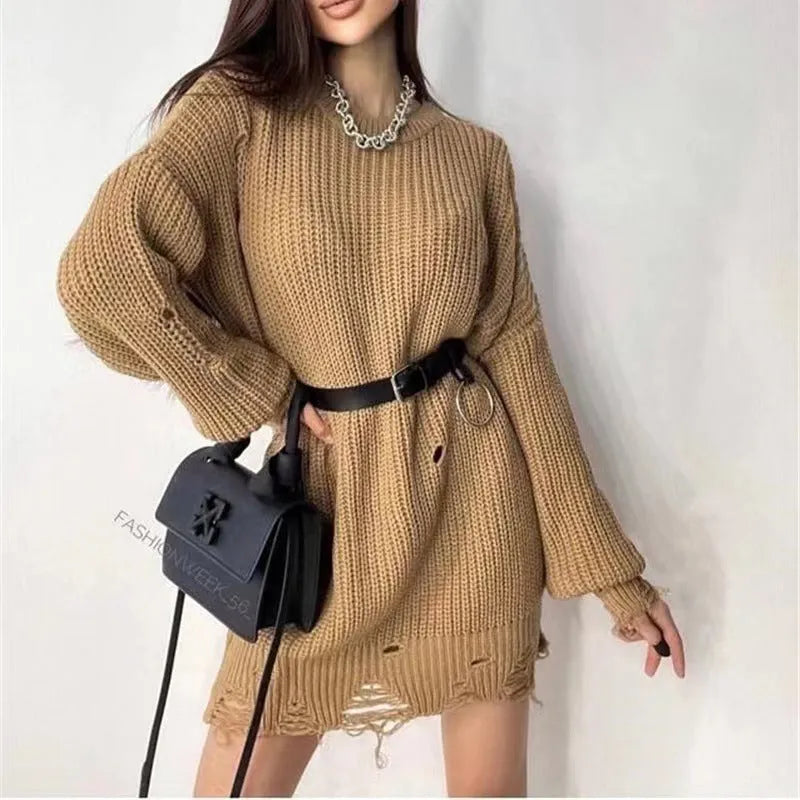 Women's loose hole knitted pullover sweater in solid colour, available in Rose Red, black and khaki, sizes S to XL