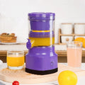 Purple USB rechargeable electric citrus juicer with cone and pulp filter, 2400mAh dual battery, 400ml capacity