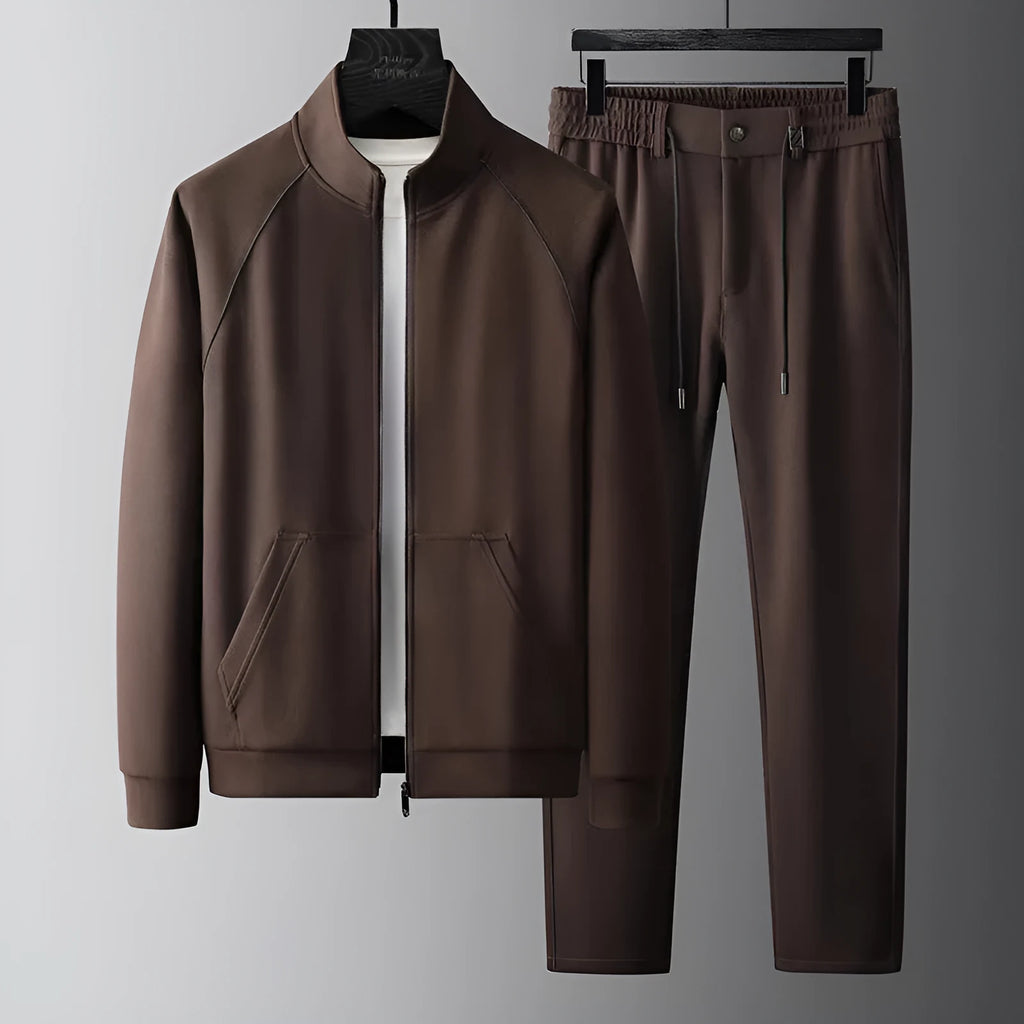 Stand collar sports suit set with slim fit in polyvinyl alcohol fibre fabric, shown in coffee colour