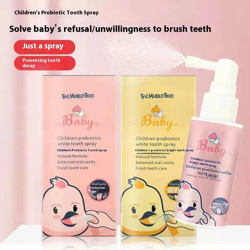 Children's probiotic oral spray bottle for white teeth and anticavity protection in strawberry or orange flavour