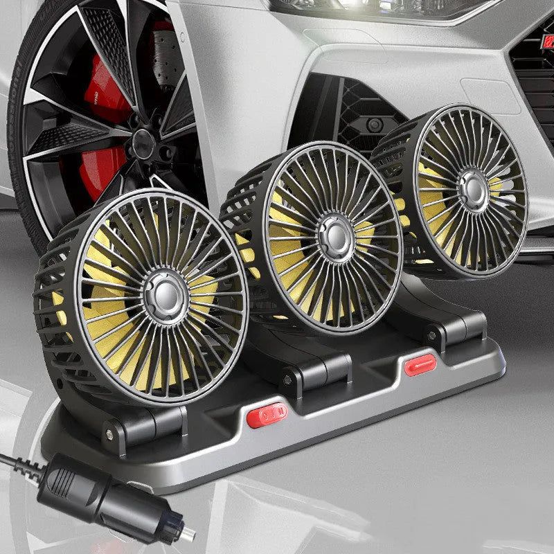 Three head automotive cooling fan with cigarette lighter and USB connections for vehicle use