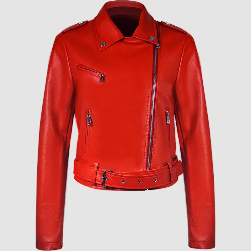 Women's black PU leather motorcycle jacket with lapel collar and waist belt