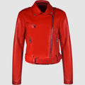 Women's black PU leather motorcycle jacket with lapel collar and waist belt