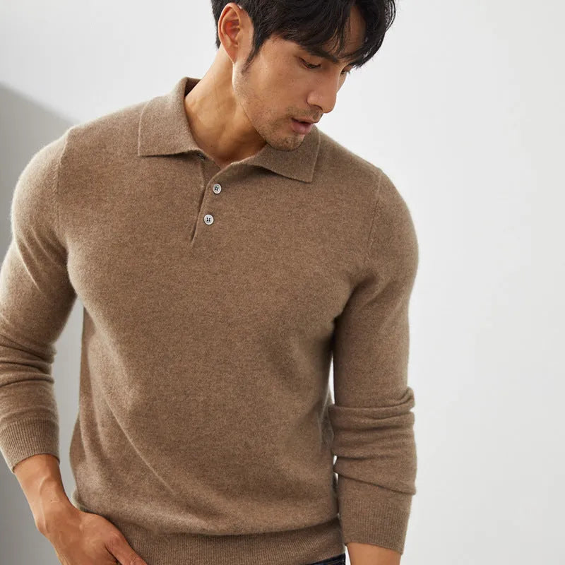 Men's cashmere polo collar pullover sweater in loose fit available in four colours