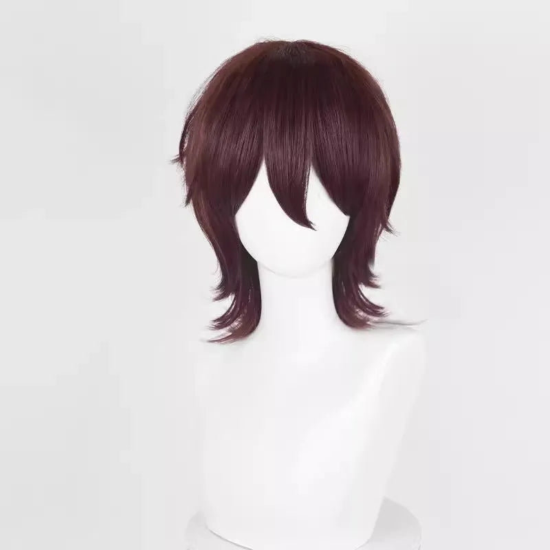 Men's short anime cosplay wig in high-temperature fibre on a wig stand, showing lengthened hair tail.