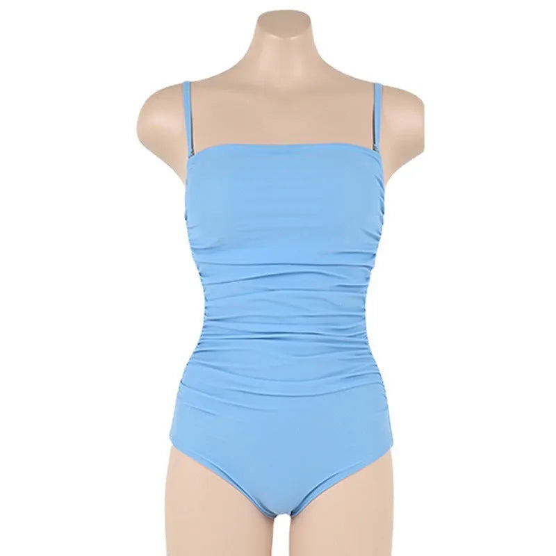 Sling style one-piece swimsuit with belted waist and pleated design in nylon fabric