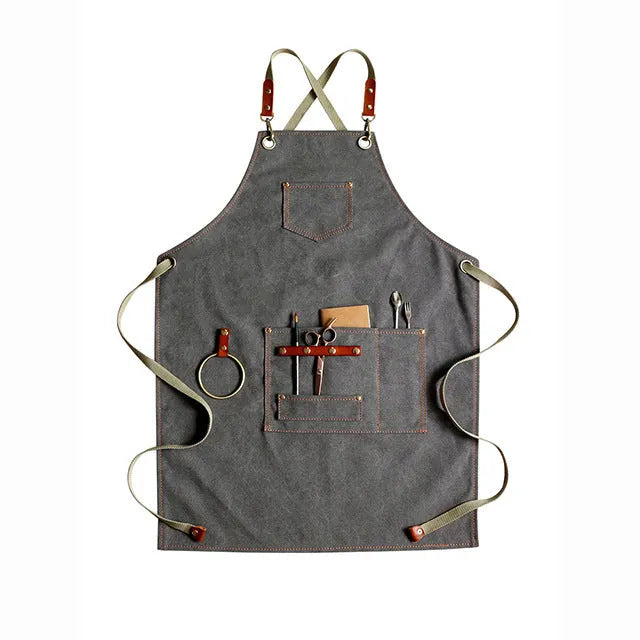 Cross-back strap canvas apron in camel colour with Han Chinese style, shown on a model.