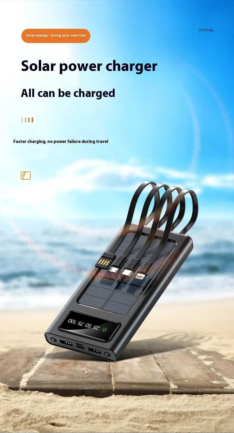 Black or white solar power bank portable charger measuring 148x71x19mm with four-wire cable