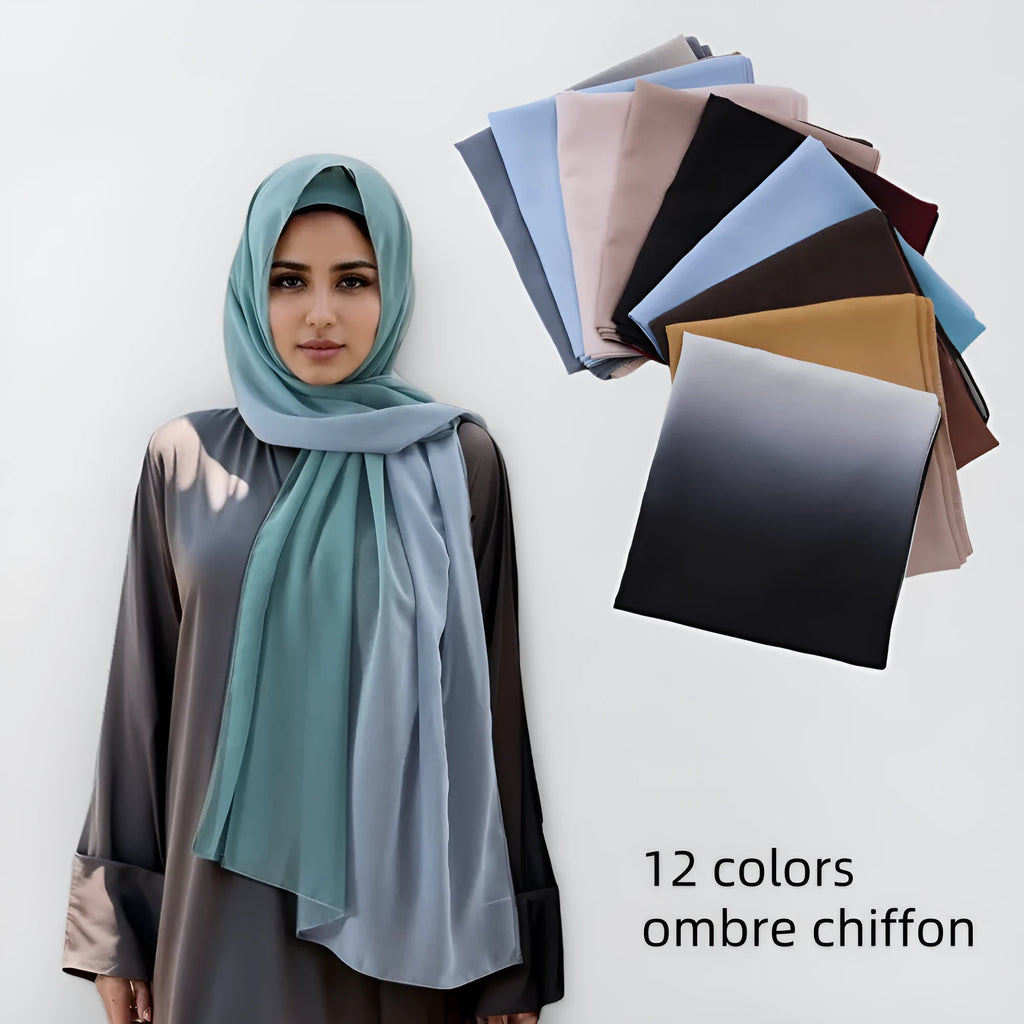 Long light blue chiffon scarf draped showing its 175cm length and 70cm width.