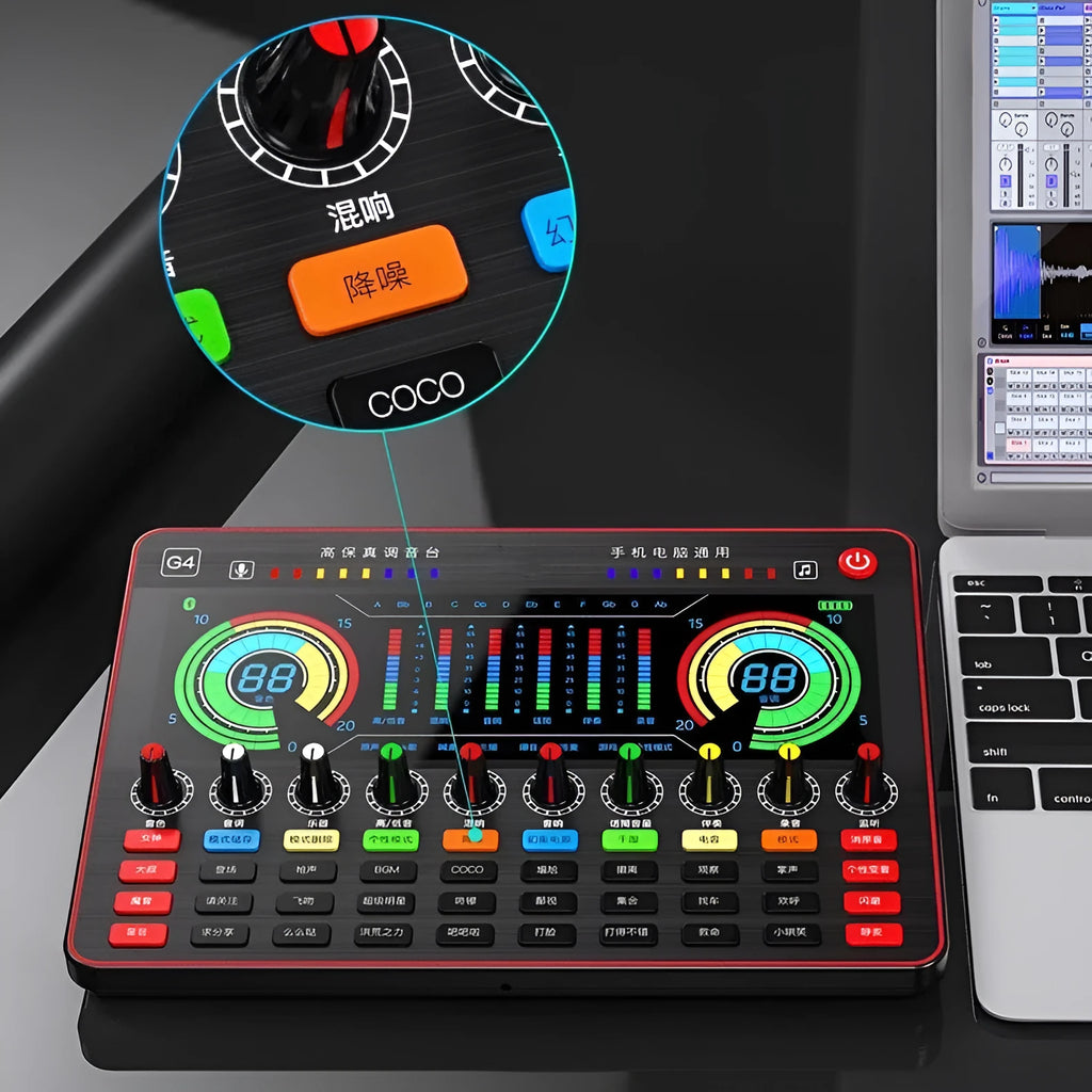G4 professional sound card mixer with LCD display, 10 tuning knobs, and Q8 condenser microphone for live streaming setup.