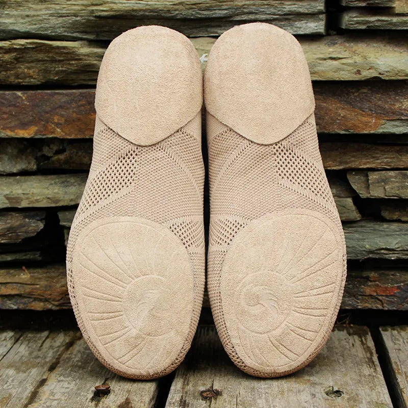 Camel colour Latin dance shoes with simple print, cotton mesh upper, and leather sole on a neutral background.