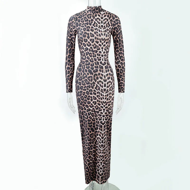 Leopard print long sleeve dress with stand collar and high waist hip skirt