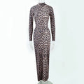 Leopard print long sleeve dress with stand collar and high waist hip skirt