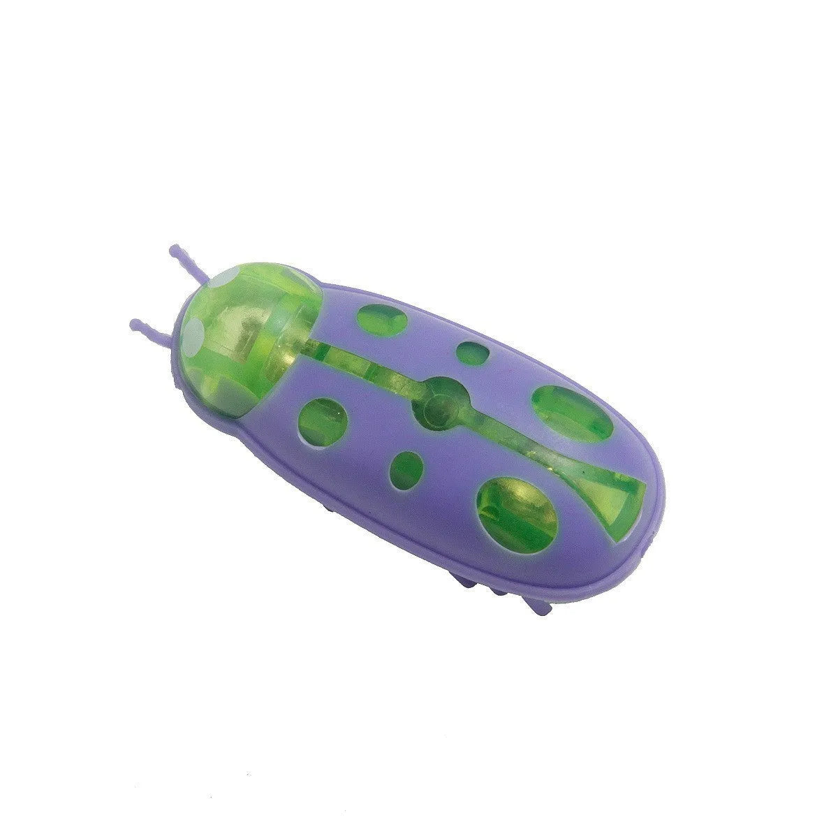 Small red ladybird-shaped electric cat toy with multiple legs on a hardwood floor