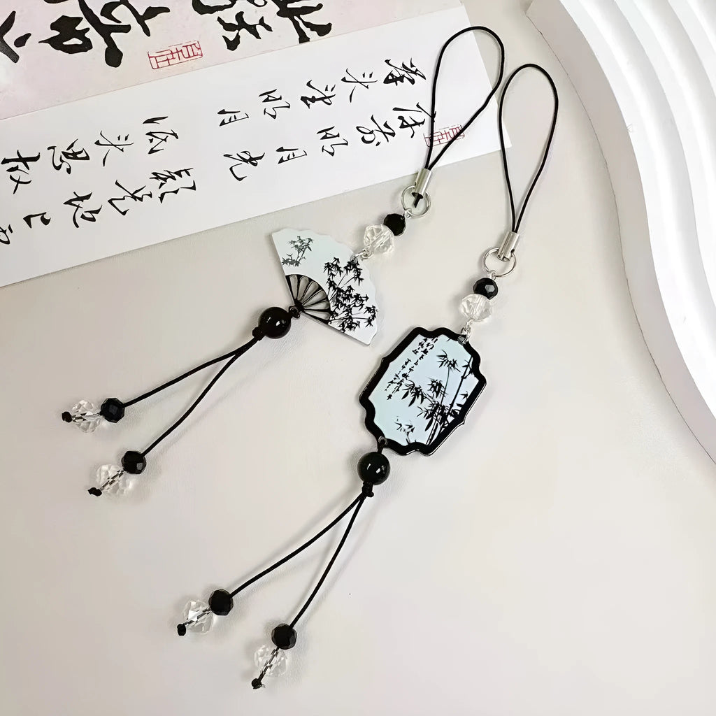 Chinese style bead pendant keychain with floral patterns in baked varnish finish