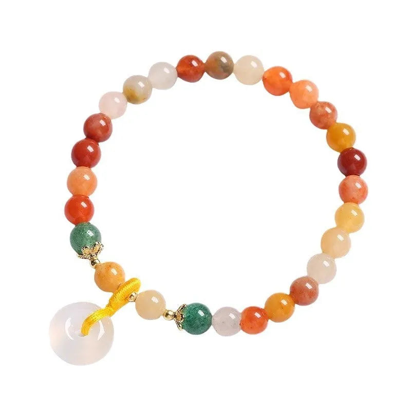 Natural Jinsi Jade safety buckle bracelet with emerald and red agate beads in Chinese-style handmade design