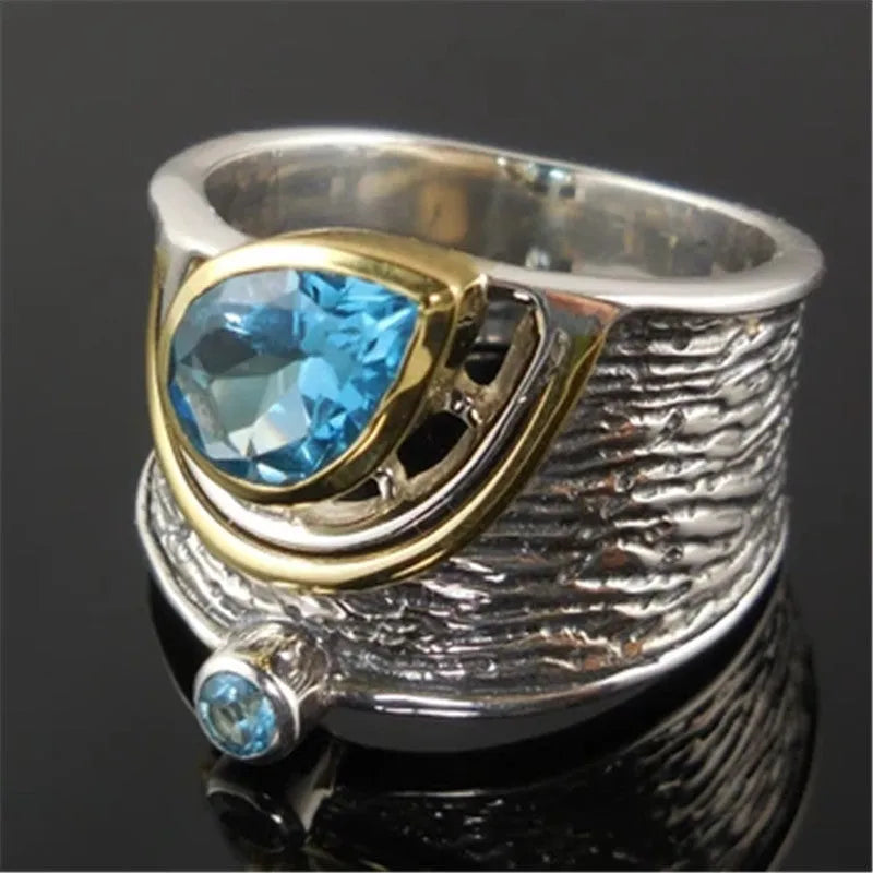 Women's creative Chinese style alloy ring with a drop-shaped inlaid blue rhinestone zircon.