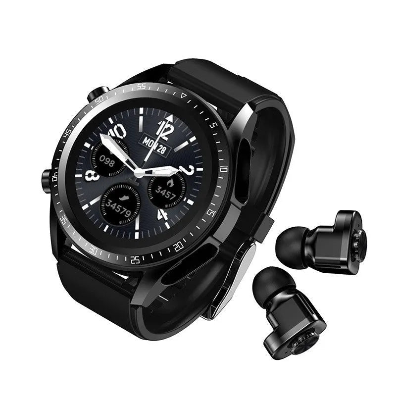 Black smart Bluetooth watch with 1.28 inch TFT screen showing health metrics and including TWS earphones