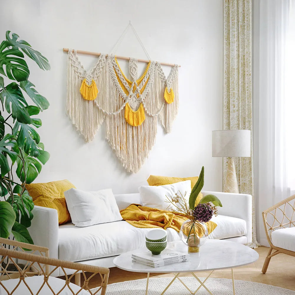 Nordic style hand-woven cotton tapestry in creamy-white with yellow detailing