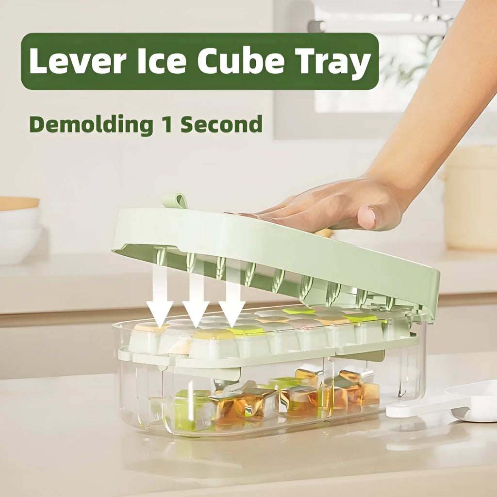 Food-grade plastic high capacity ice cube tray with grid and stored ice shovel in blue colour.