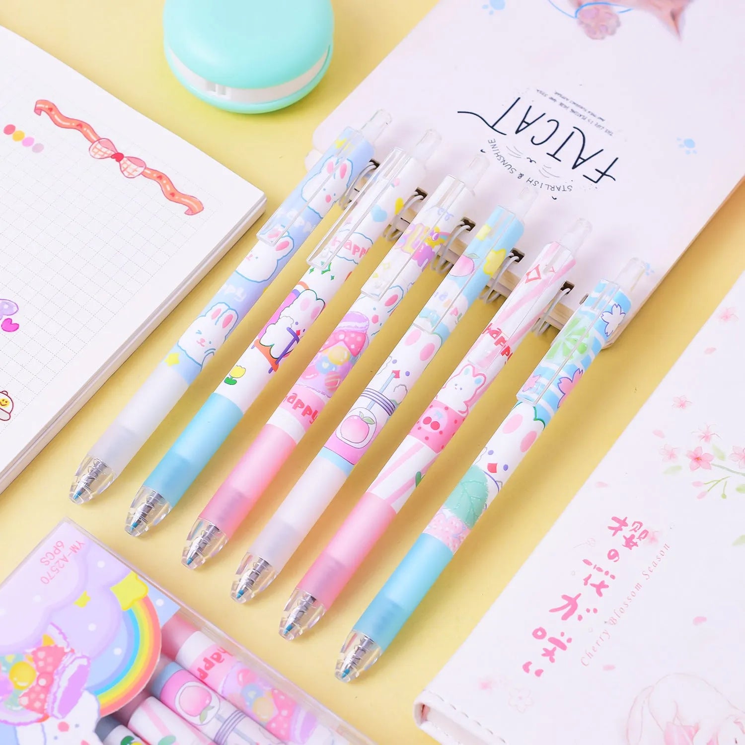 Cartoon bunny design writing pens pack of six with 0.5mm tips