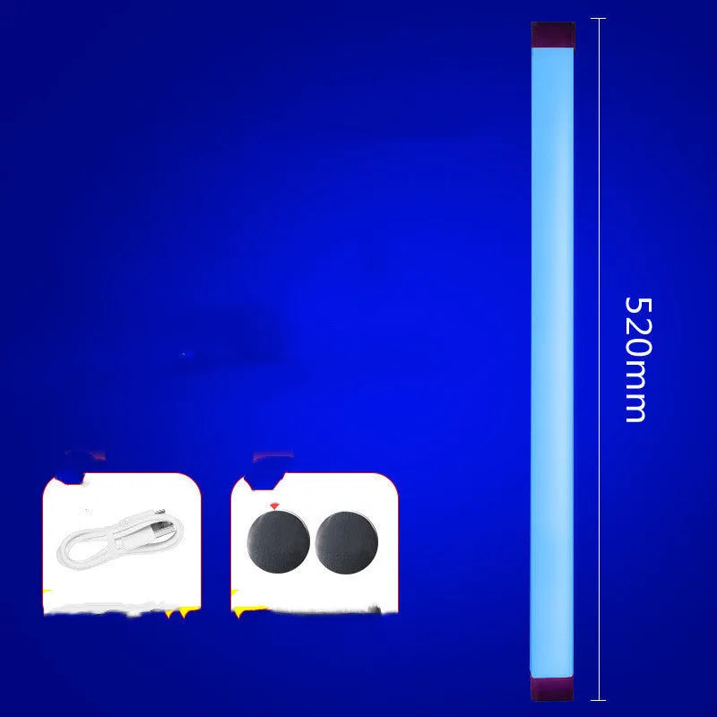 Blue and purple rechargeable LED tube stick lights in 17cm and 32cm lengths with a push-button switch.