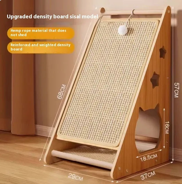 Vertical wall-mounted cat scratch board with hemp rope and attached teasing ball