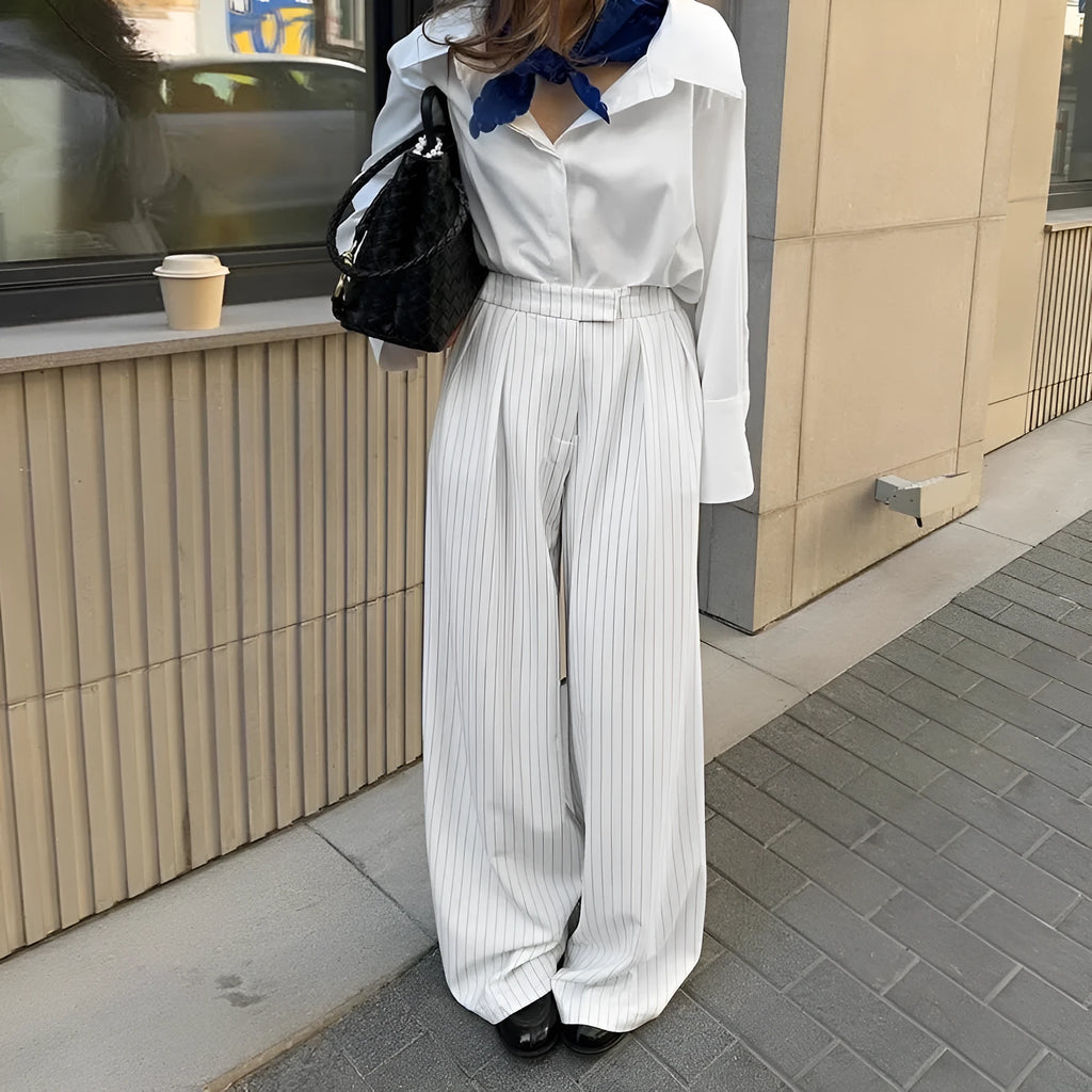 White striped wide-leg trousers with zipper details on polyester fabric for office commuting