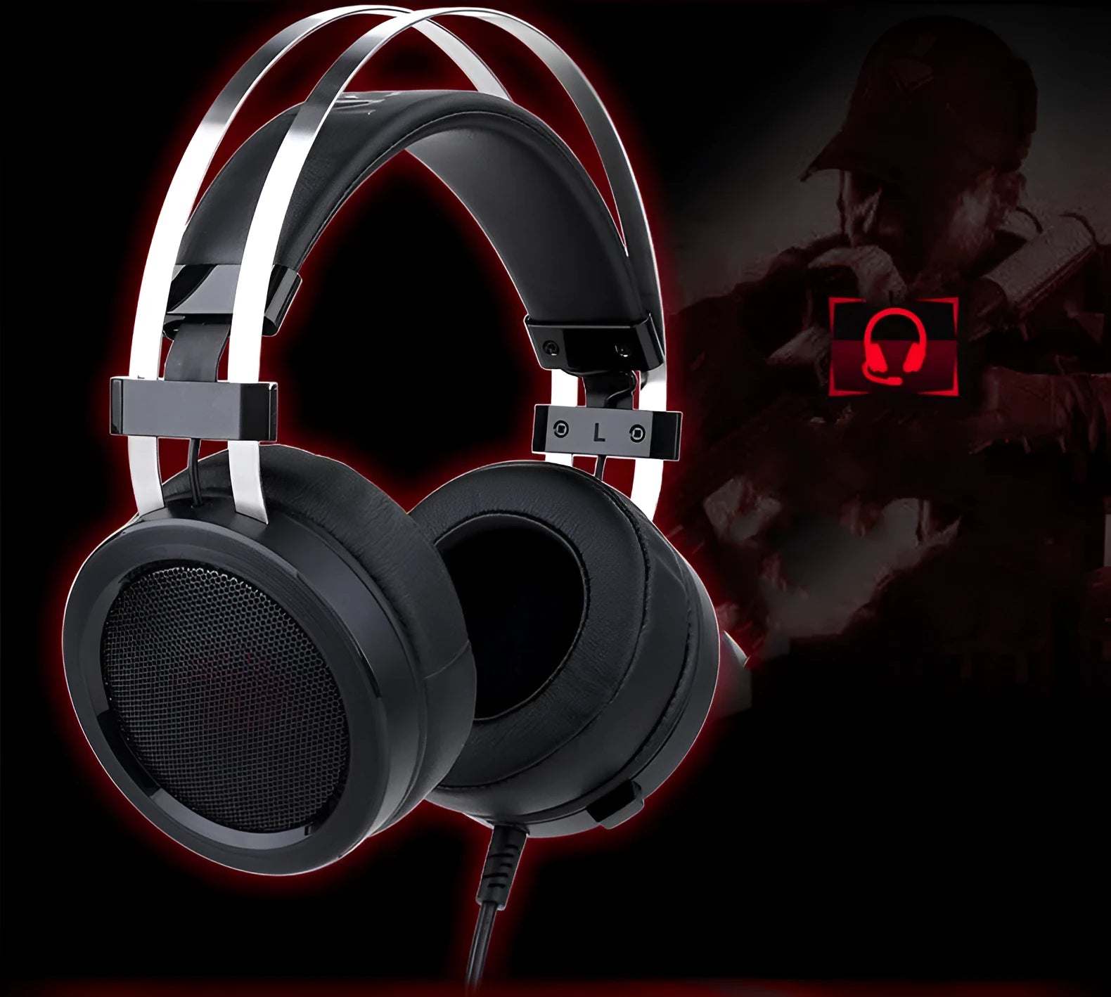 Black wired gaming headset with 3.5mm jack and 2 metre cable for computer use