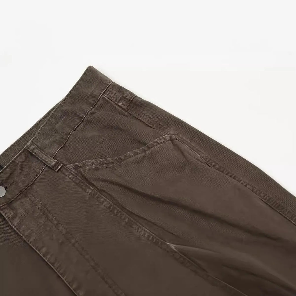 Men's brown loose fit straight leg cotton trousers with high waist design