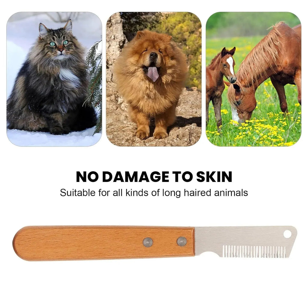 Pet stripping comb with wood handle and metal teeth for removing hair from dogs and cats