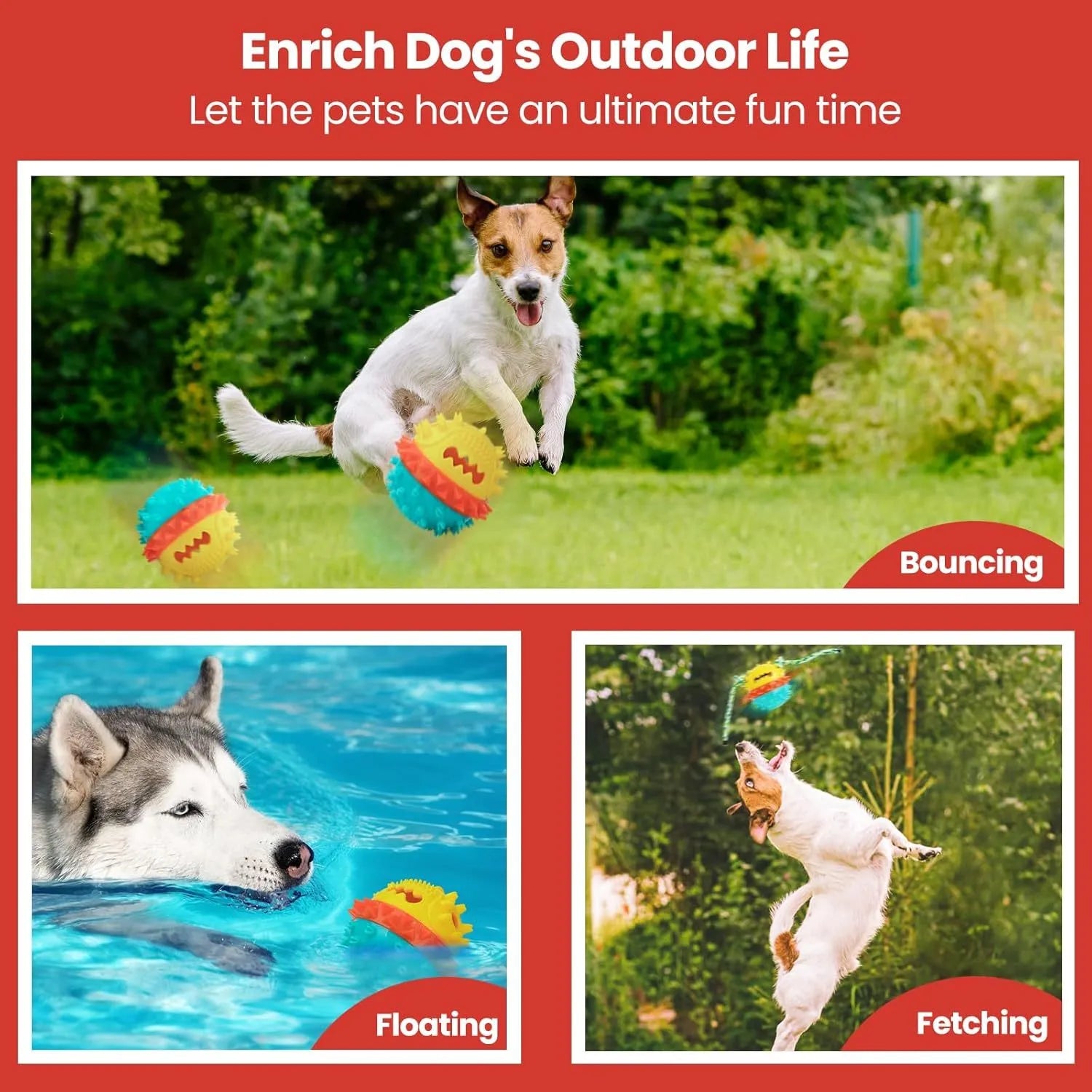 Blue red and yellow ball-shaped dog toy with treat dispenser hole and rope attachment