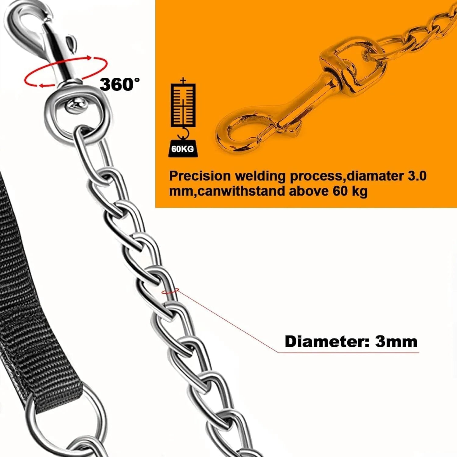 Heavy duty metal chain dog leash with a soft black padded handle, shown with a red colour option.