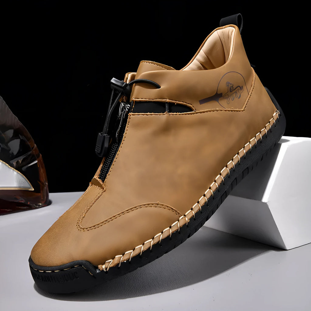 Men's casual leather shoe in green with round toe, mid-heel, and visible sewing thread detail.