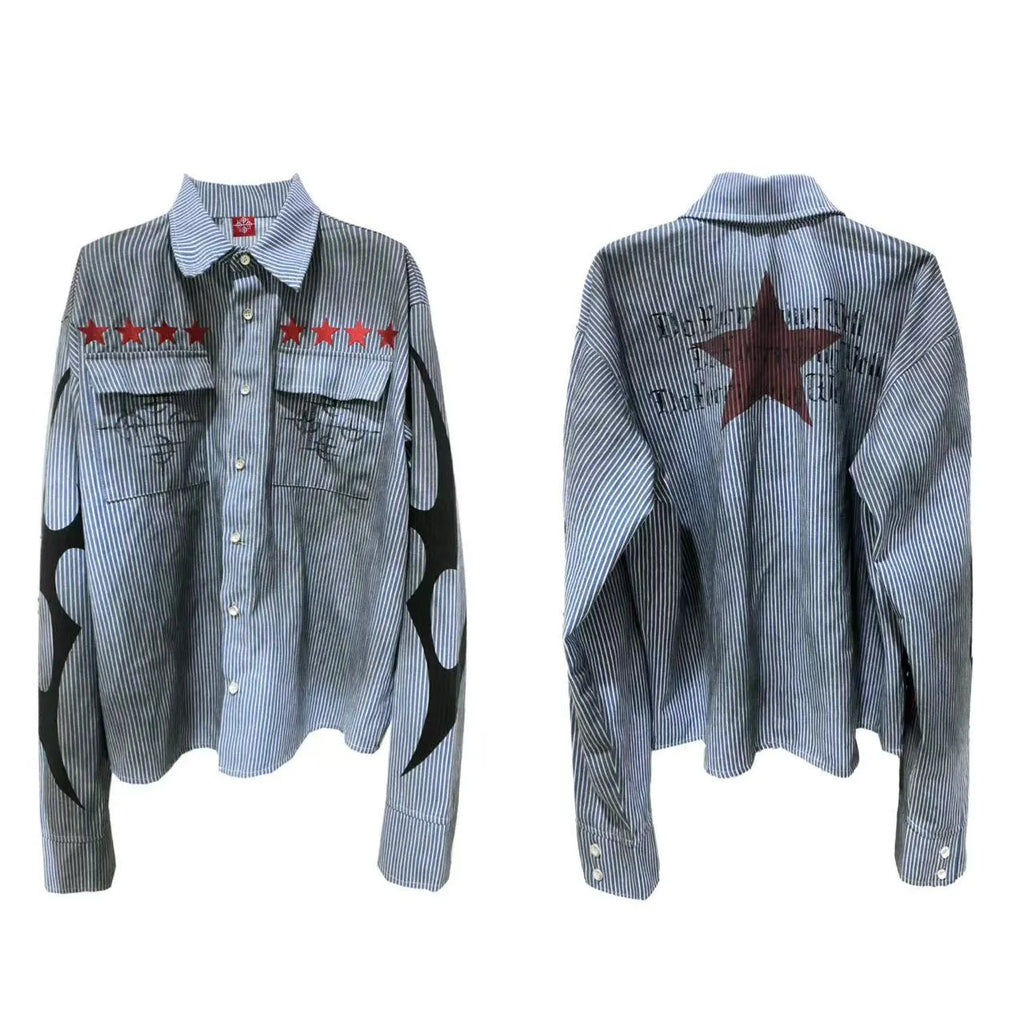 Men's washed-out dirty blue striped casual shirt with long sleeves and lapel collar