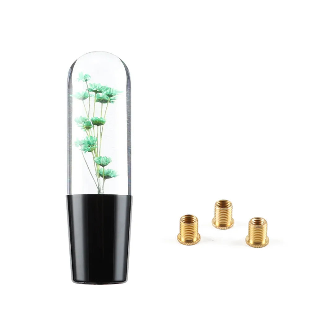 Transparent crystal car gear head with flower design, 15cm long, with three adapters