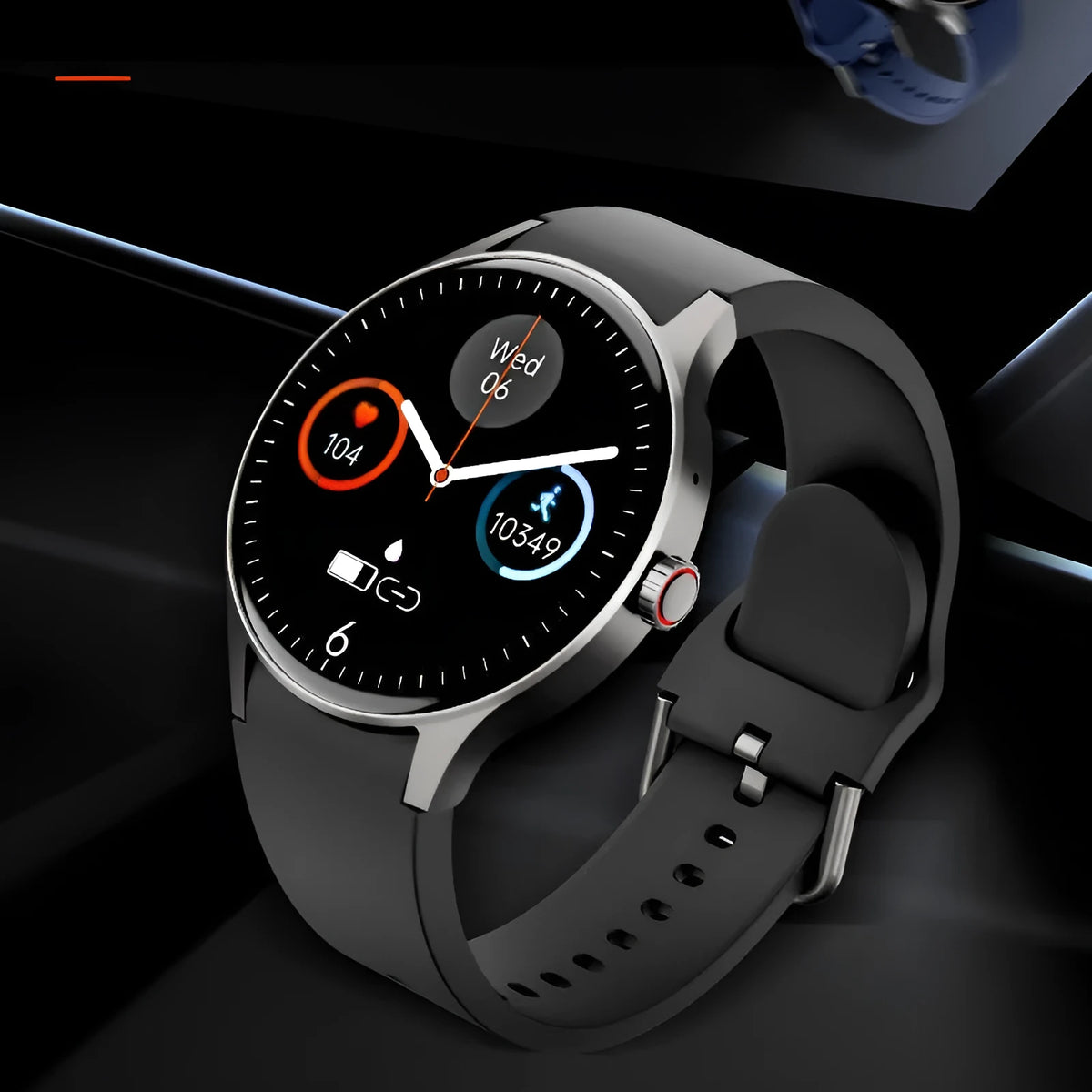 Smart watch with blood sugar monitoring on wrist showing AMOLED display and silicone band