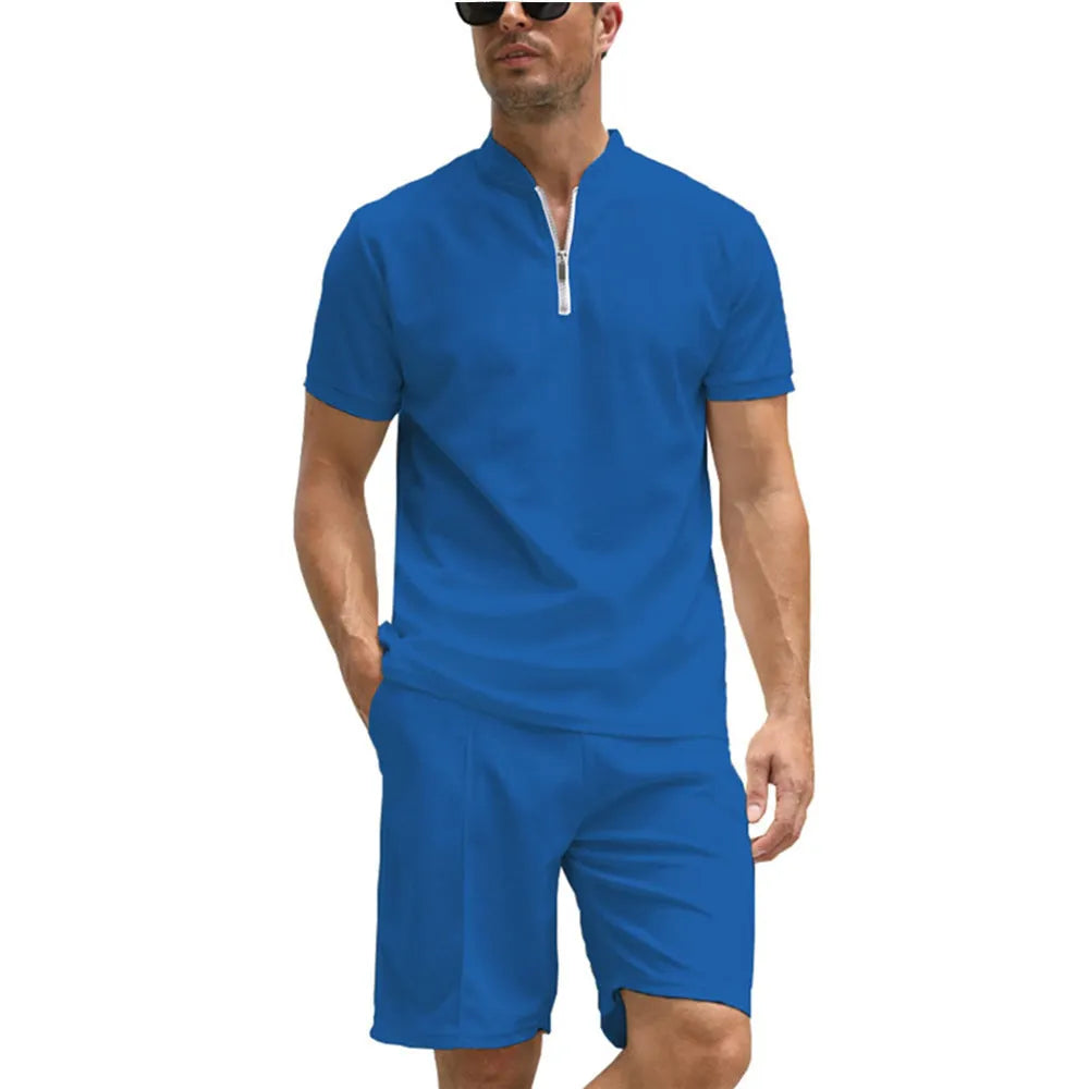 Men's solid colour polo shirt and trousers two-piece set in textured beaded bird's eye polyester fabric