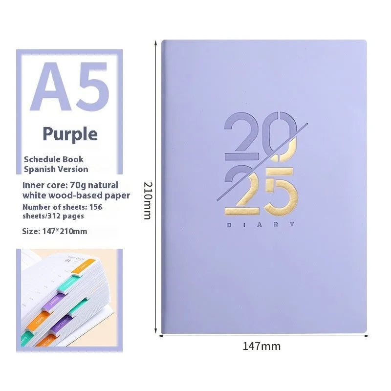 A5 daily schedule book with soft faux leather cover, open to show thread-bound 150 pages.