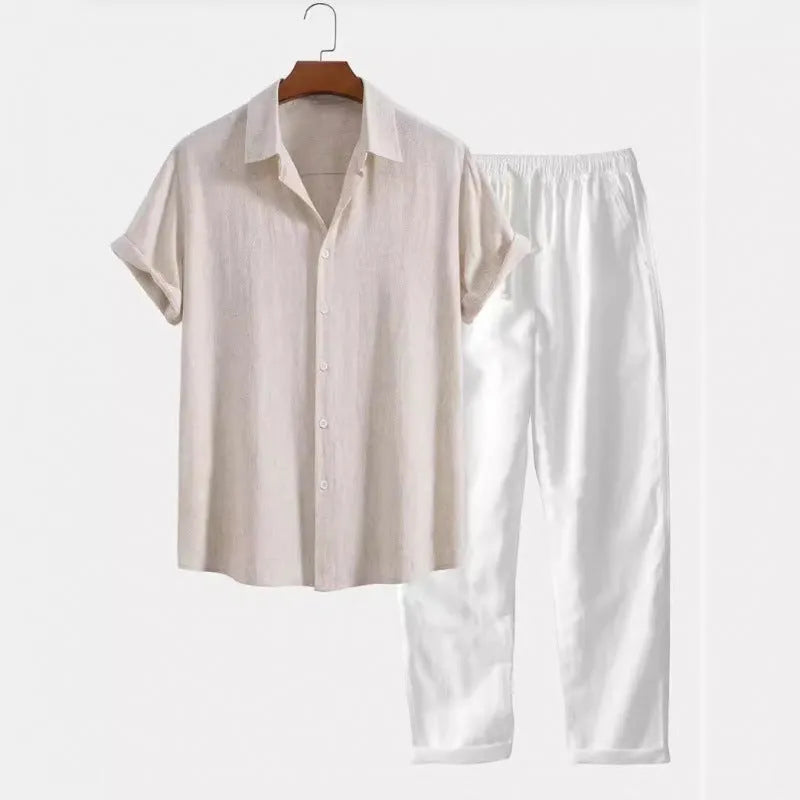Men's casual linen-look short sleeve shirt and trousers suit set in coordinated two-piece design