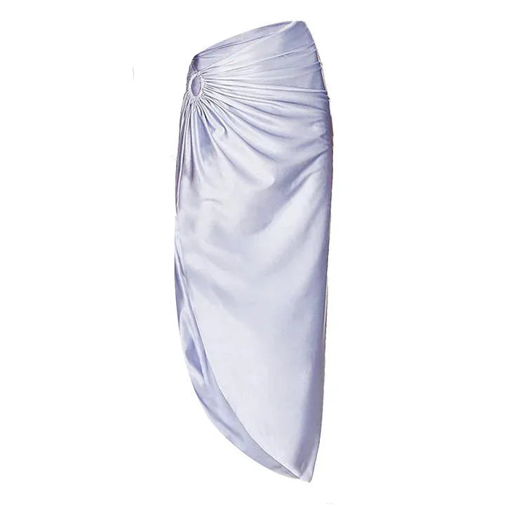 Purple hollow polyester swimsuit and matching wrap skirt set on mannequin