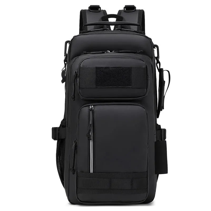 Derm fabric outdoor backpack in orange colour showing 20-35L capacity for hiking and camping