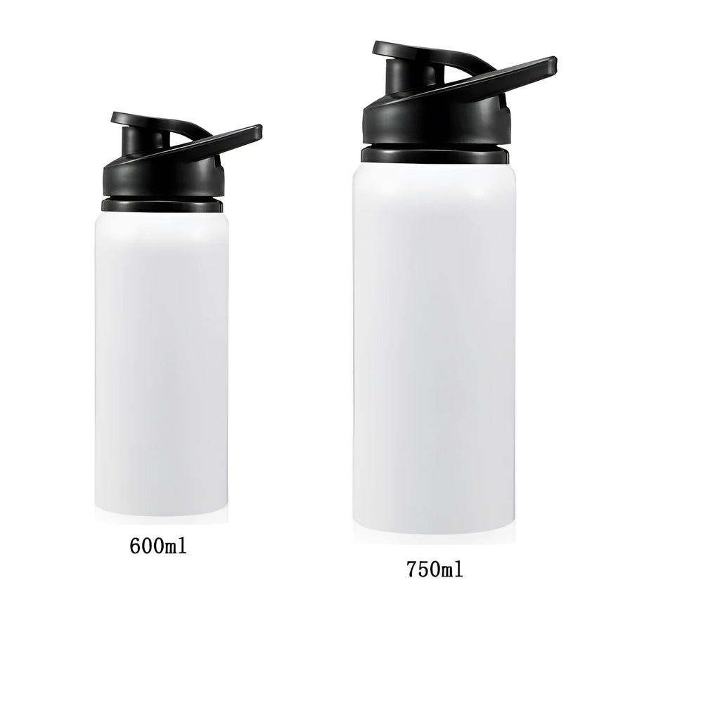 White aluminium sports water bottle for cycling in 600ml and 750ml sizes